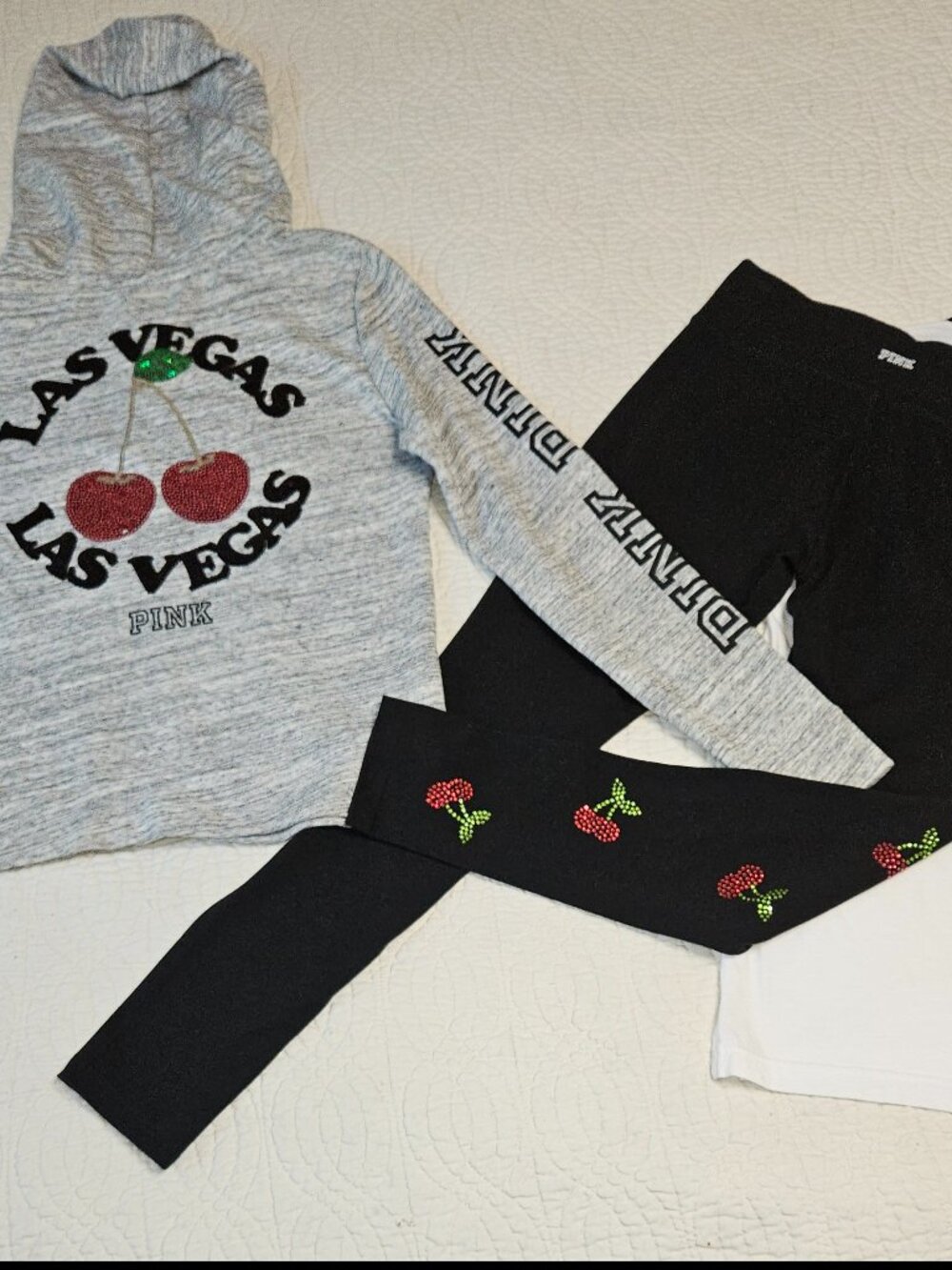 RARE Victoria's Secret PINK Las Vegas Cherry Bling 3 Piece Set Hoodie Leggings T